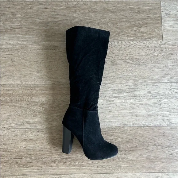 New Women Black Boots Platform Thigh High Chunk Heel Tall Faux Suede Boots - Picture 2 of 4